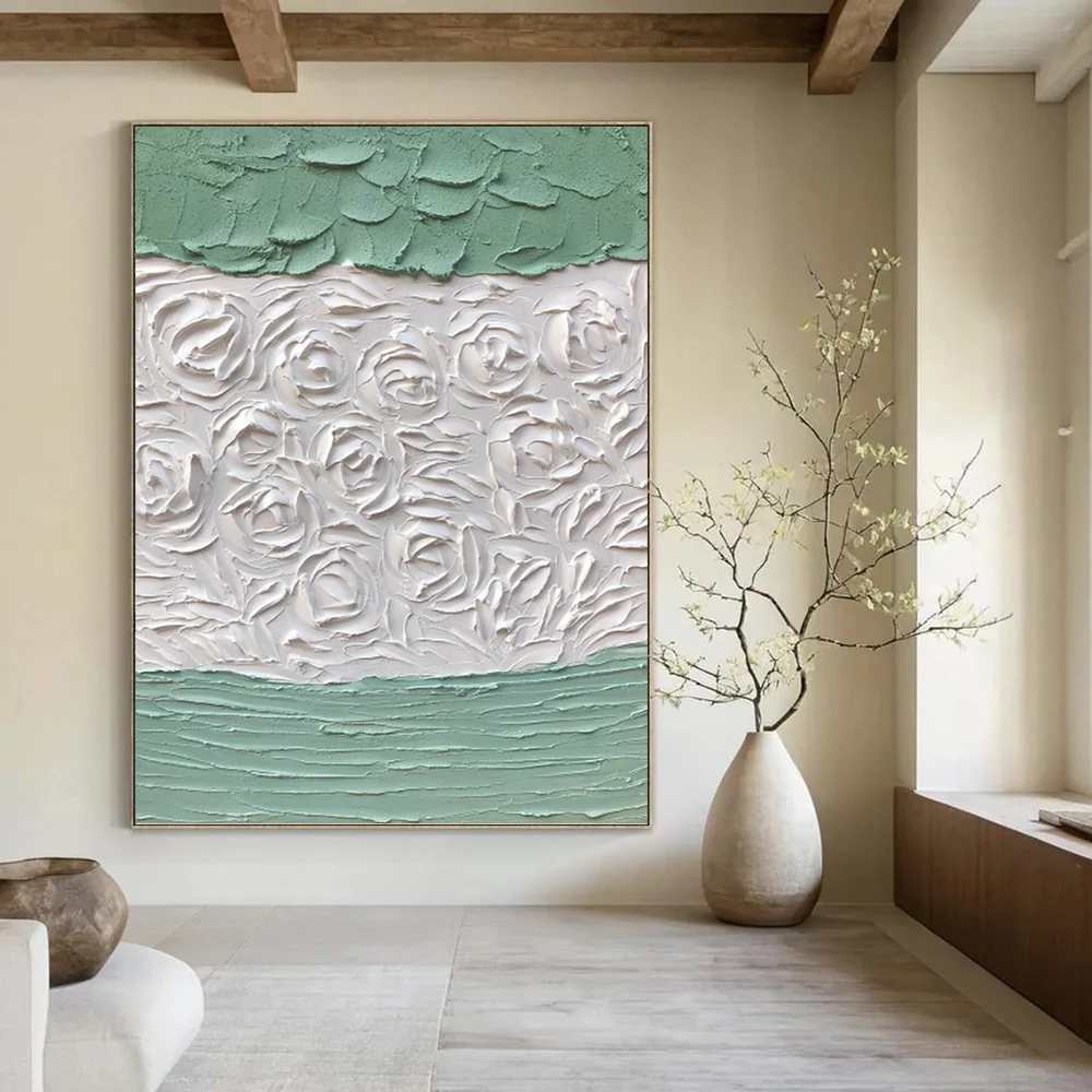 Floral_Green_White_Textured_Abstract_Artwork_VCR9J wall art